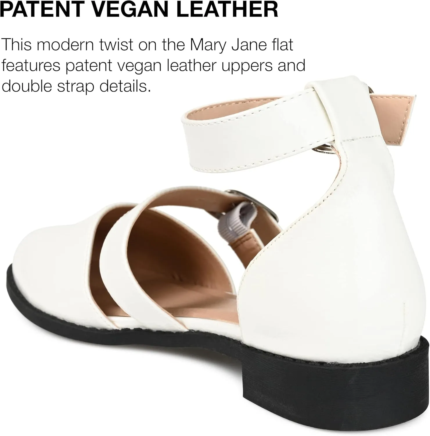 Journee Mary Jane Low Block Heel Double Buckle Strap Glossy Round Toe Shoe for Women - Comfy Constance Flat