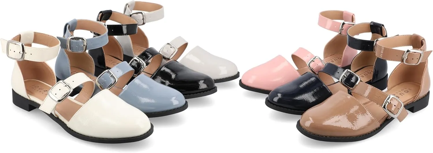 Journee Mary Jane Low Block Heel Double Buckle Strap Glossy Round Toe Shoe for Women - Comfy Constance Flat