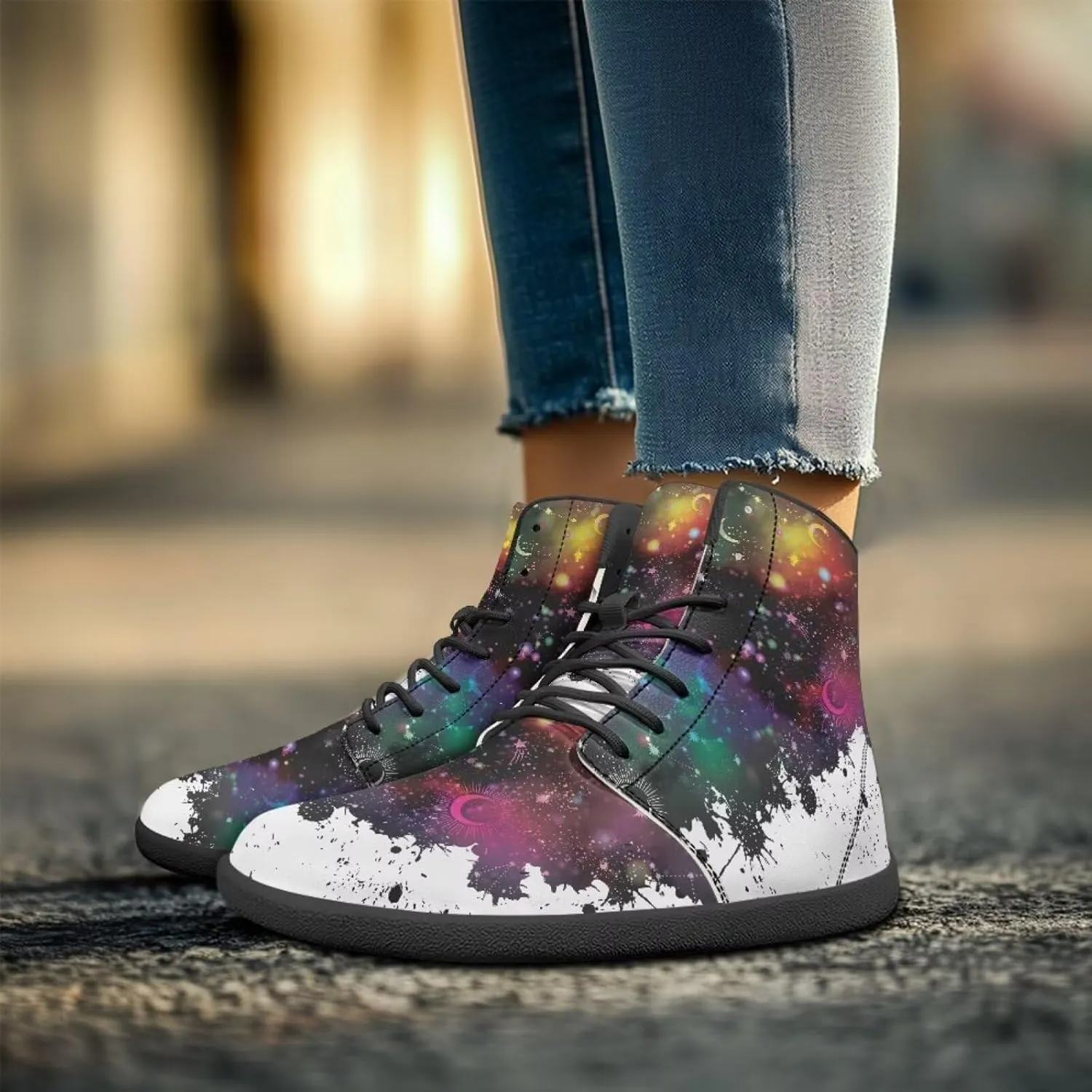 JoyLamoria Womens High Top Sneakers with Marble Painted Walking Tennis Shoes Lace up Leather Minimalist Shoes for Outdoor
