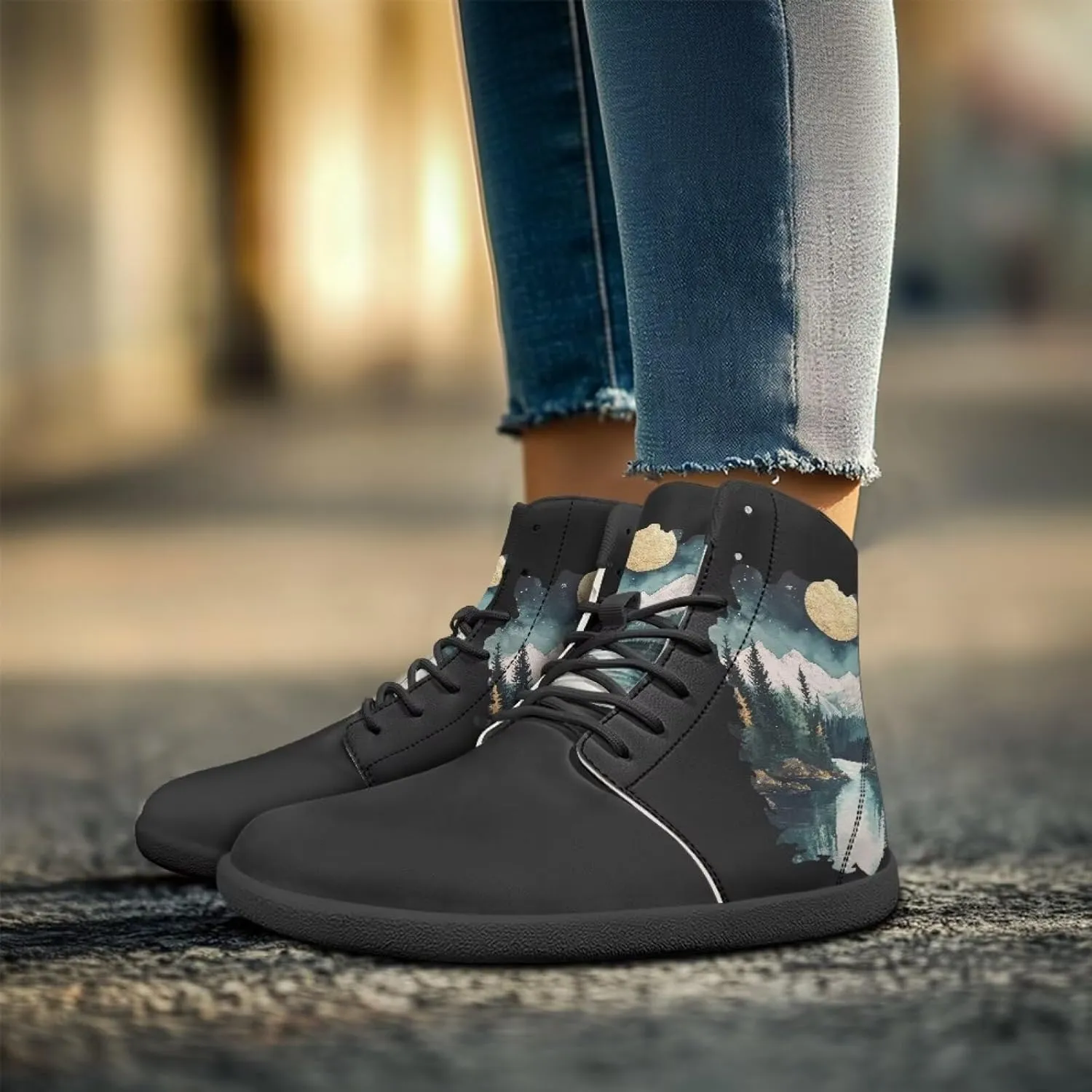 JoyLamoria Womens High Top Sneakers with Marble Painted Walking Tennis Shoes Lace up Leather Minimalist Shoes for Outdoor
