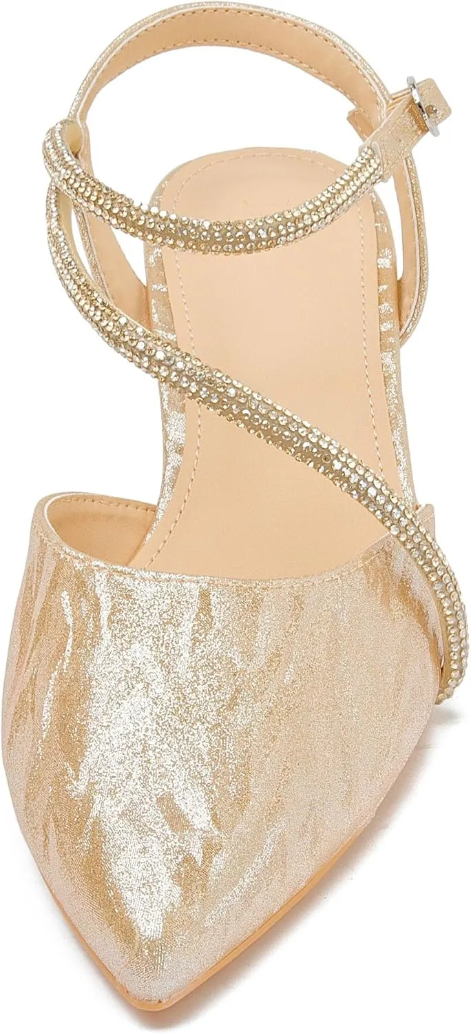 kkdom Women's Sparkle Rhinestone Slingback Low Kitten Heels Closed Pointed Toe Ankle Strap Dress Pump Shoes