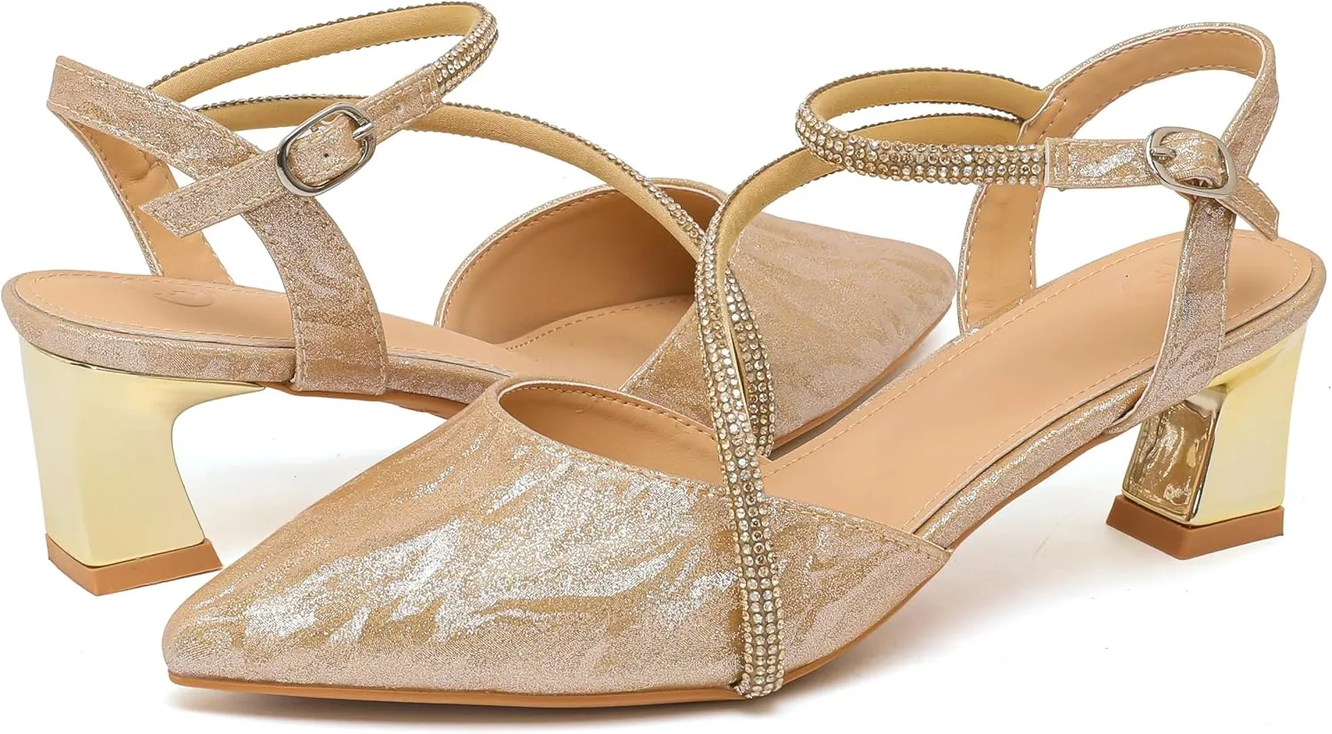 kkdom Women's Sparkle Rhinestone Slingback Low Kitten Heels Closed Pointed Toe Ankle Strap Dress Pump Shoes
