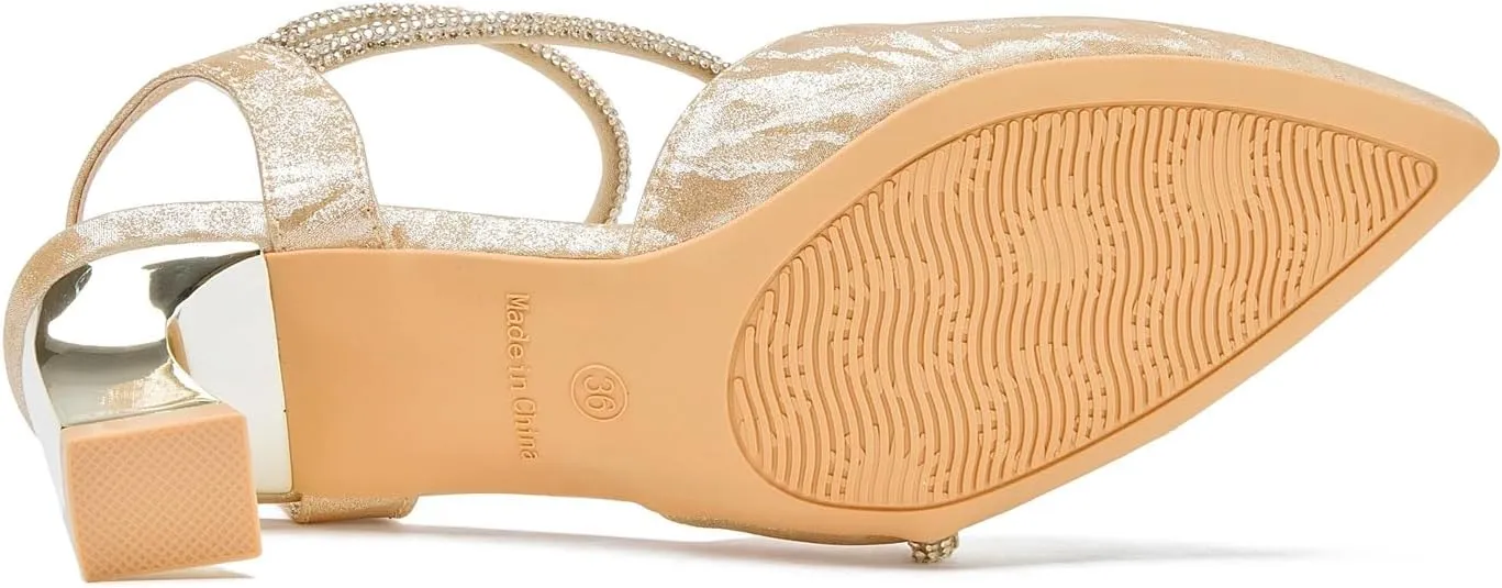 kkdom Women's Sparkle Rhinestone Slingback Low Kitten Heels Closed Pointed Toe Ankle Strap Dress Pump Shoes