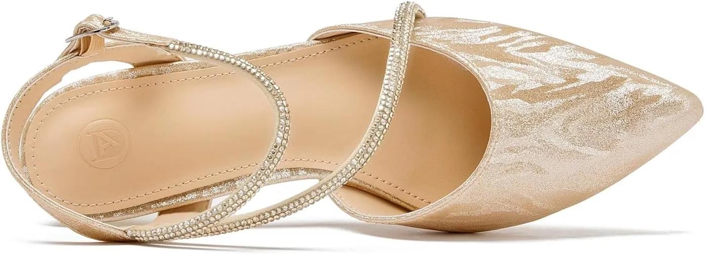 kkdom Women's Sparkle Rhinestone Slingback Low Kitten Heels Closed Pointed Toe Ankle Strap Dress Pump Shoes