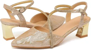 kkdom Women's Sparkle Rhinestone Slingback Low Kitten Heels Closed Pointed Toe Ankle Strap Dress Pump Shoes