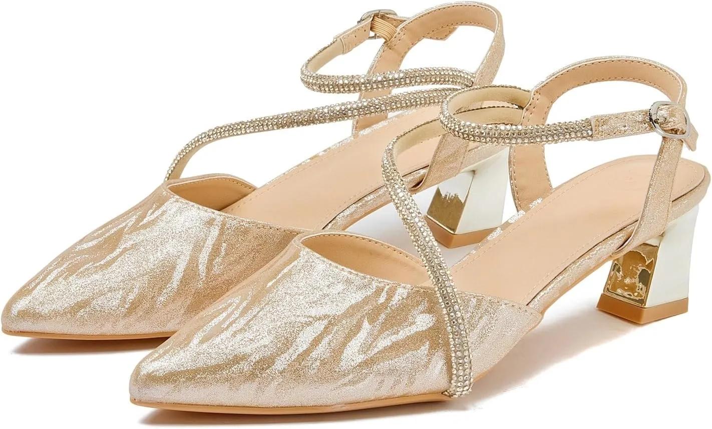 kkdom Women's Sparkle Rhinestone Slingback Low Kitten Heels Closed Pointed Toe Ankle Strap Dress Pump Shoes