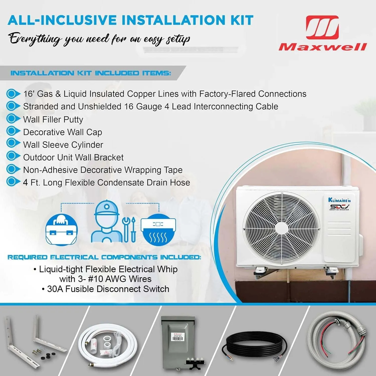 Klimaire 12,000 BTU 20.8 SEER2 Ductless Mini-Split Inverter Air Conditioner Heat Pump System with All-Inclusive 16' Installation Kit, Wall Bracket, Electrical Disconnect Box & Liquid-Tight Whip (115V)