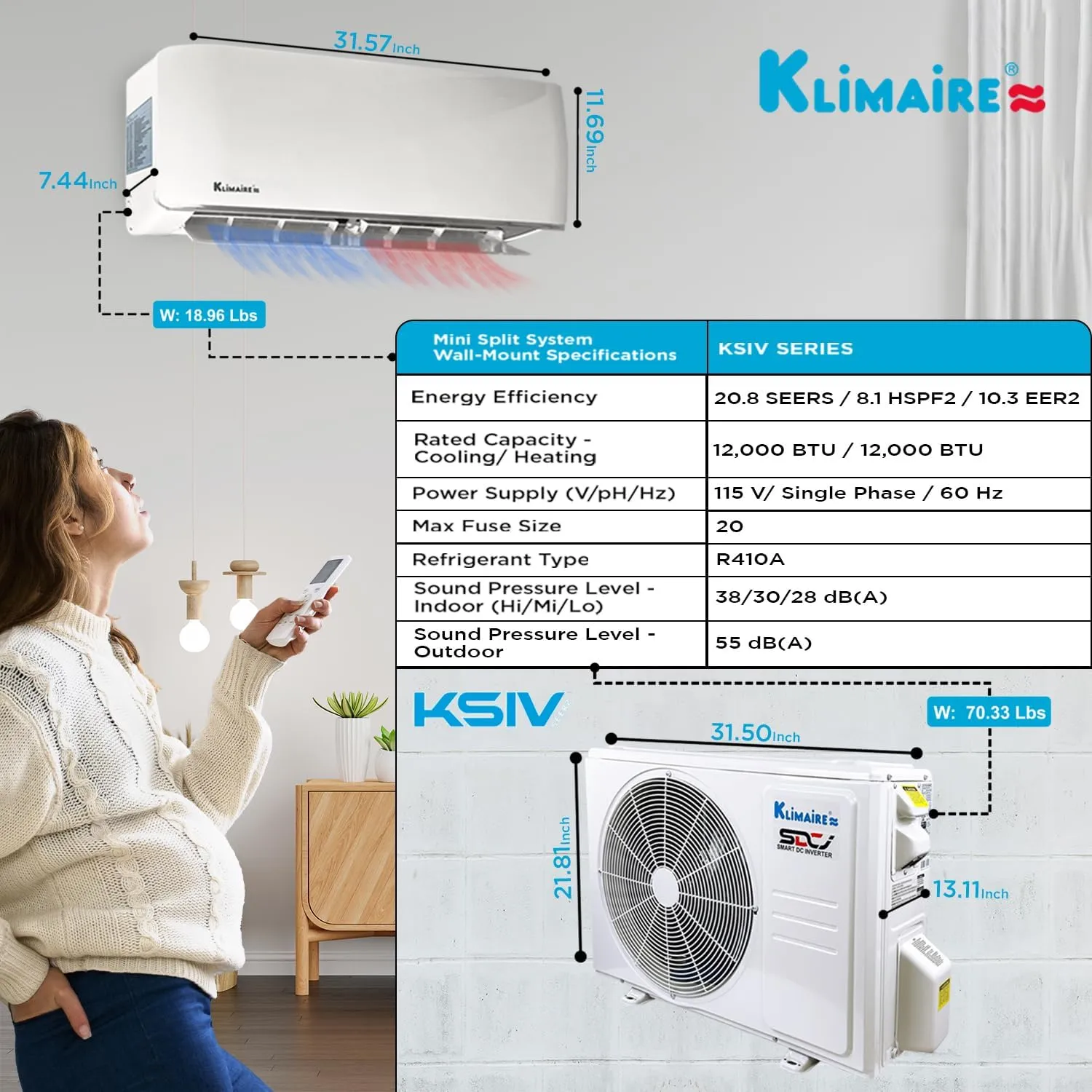 Klimaire 12,000 BTU 20.8 SEER2 Ductless Mini-Split Inverter Air Conditioner Heat Pump System with All-Inclusive 16' Installation Kit, Wall Bracket, Electrical Disconnect Box & Liquid-Tight Whip (115V)