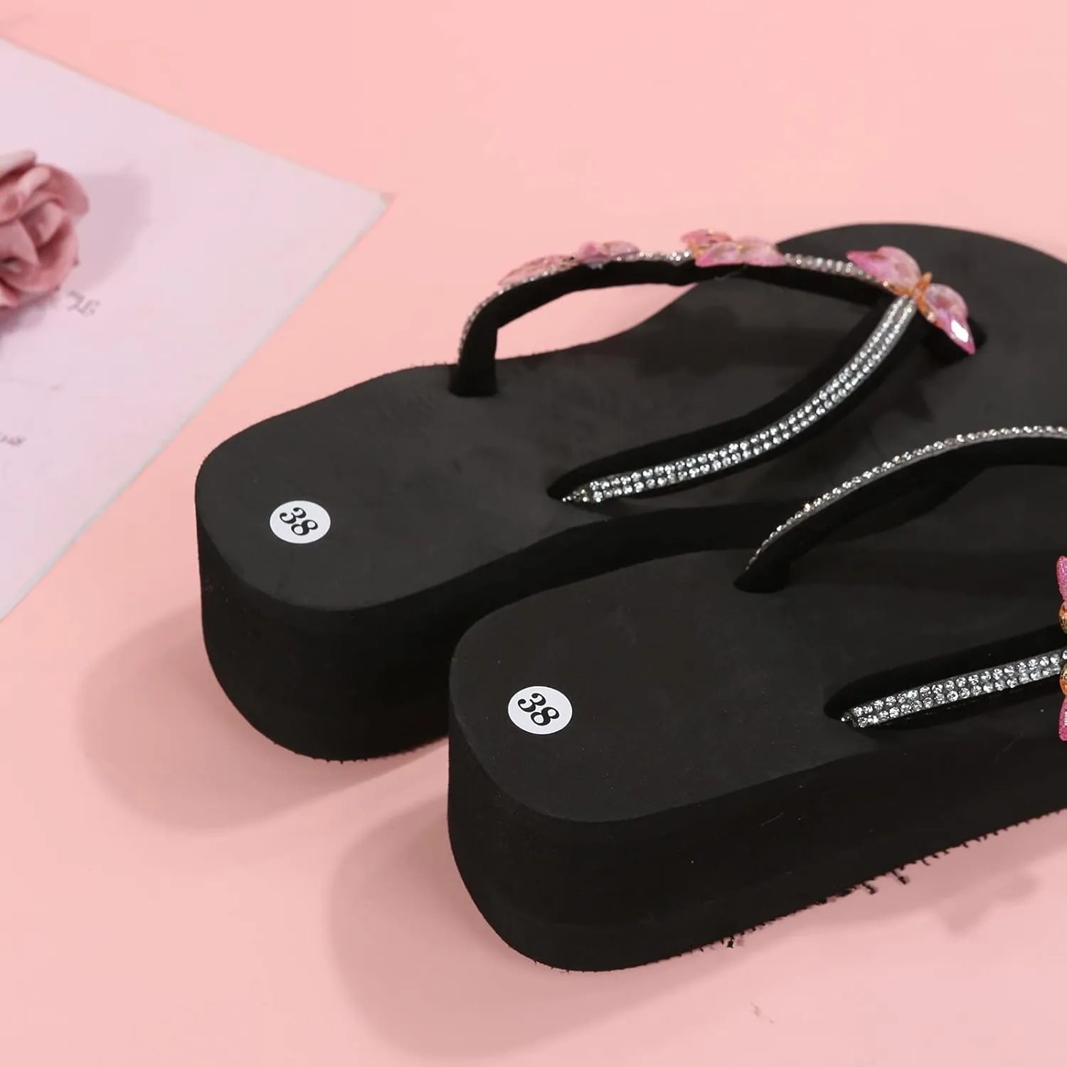 Ladies Fashion Summer Flip Flops Casual Rhinestone Butterfly Sandals Natural Slippers Women's Slippers Size 8 Open Toe