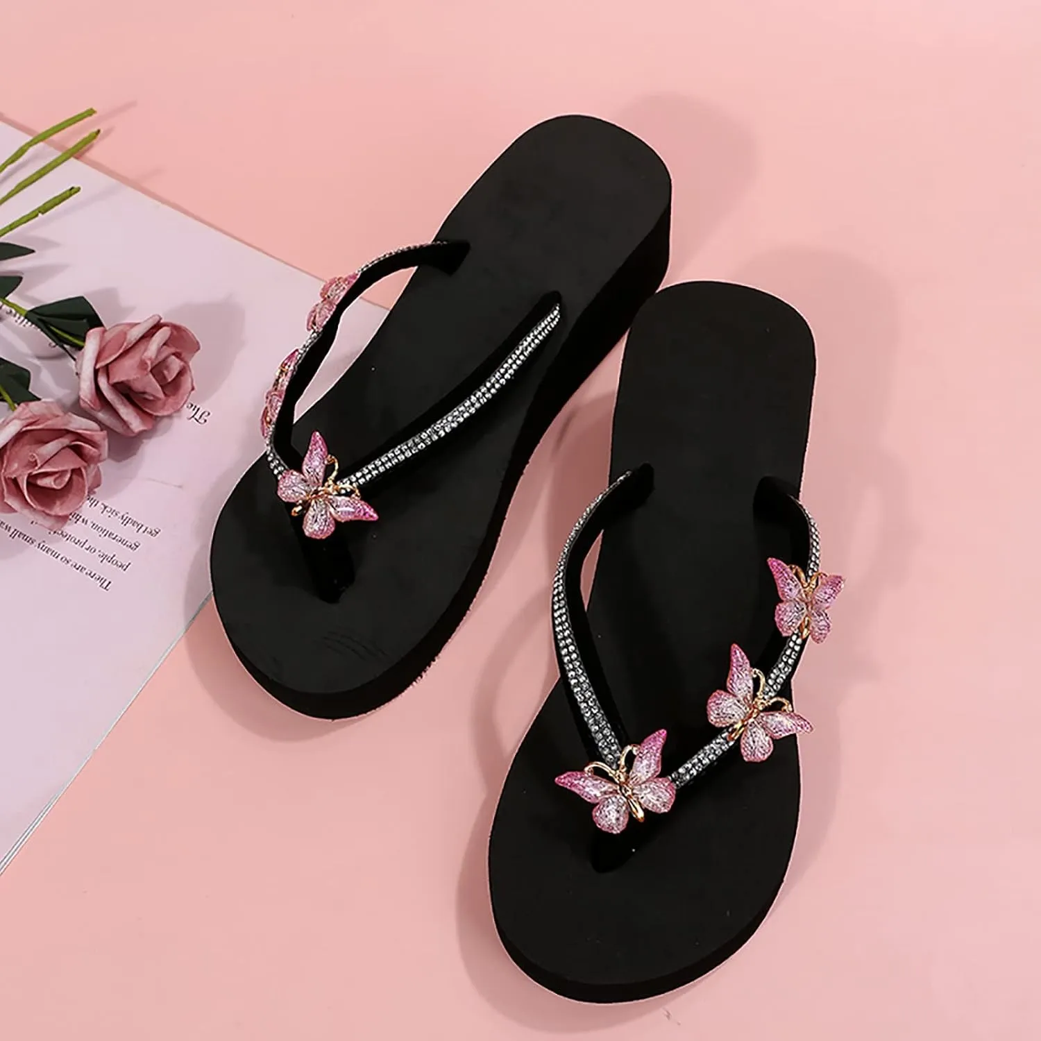 Ladies Fashion Summer Flip Flops Casual Rhinestone Butterfly Sandals Natural Slippers Women's Slippers Size 8 Open Toe