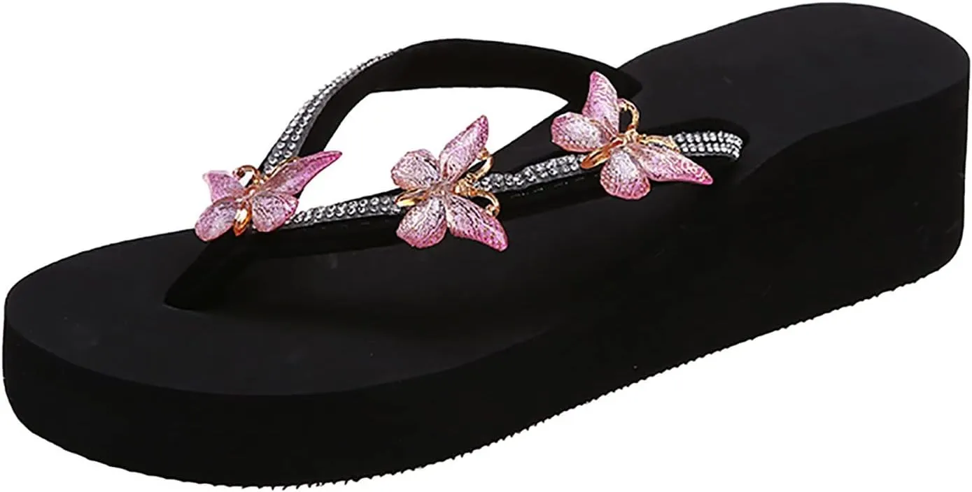 Ladies Fashion Summer Flip Flops Casual Rhinestone Butterfly Sandals Natural Slippers Women's Slippers Size 8 Open Toe