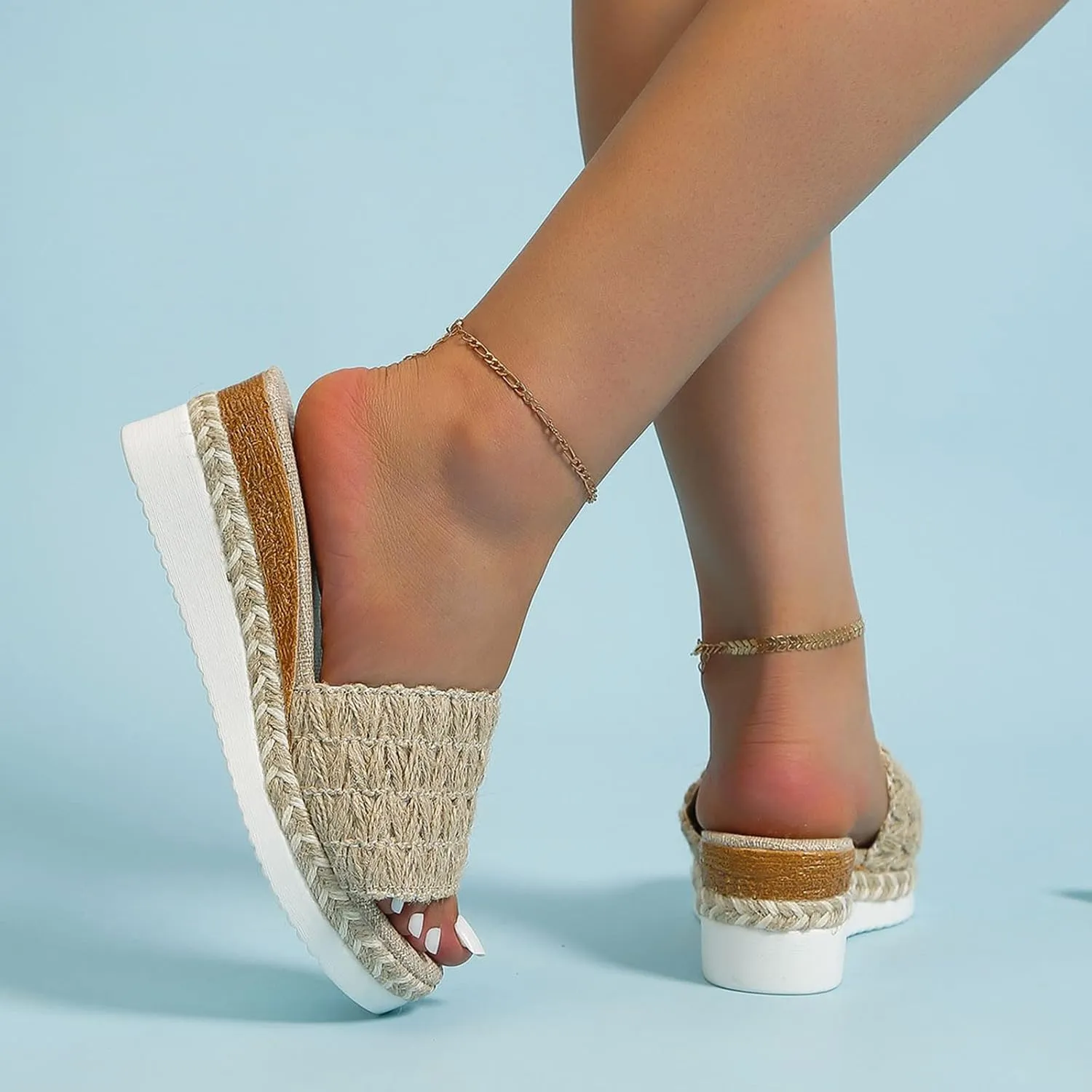 Ladies Fashion Summer Solid Grass Weaving Open Toe Thick Slope Heel Sandals Fuzzy Slippers Slides