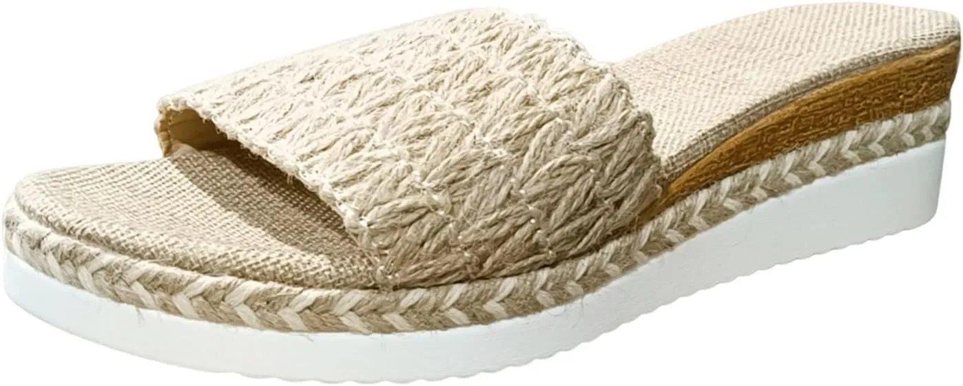 Ladies Fashion Summer Solid Grass Weaving Open Toe Thick Slope Heel Sandals Fuzzy Slippers Slides