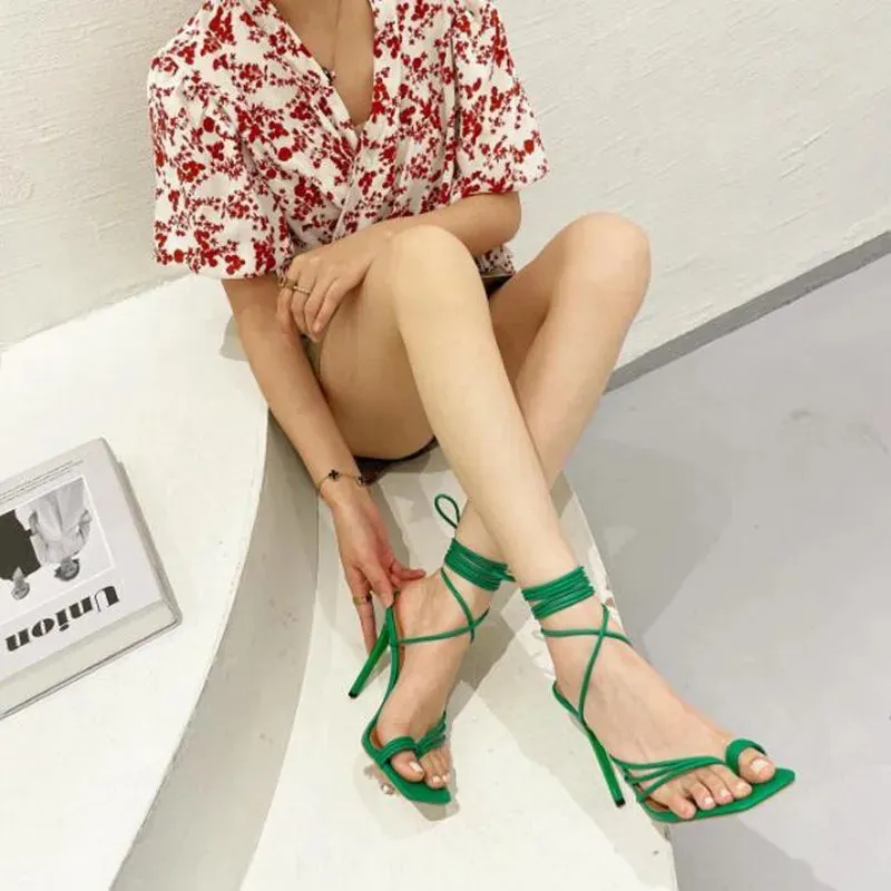 LBSFY  -  New Summer Women Sandals Thin Heels Ankle Strappy Square Toe  Stiletto Ladies Narrow Band Flip-Flop Sandals Party Shoes Size 41