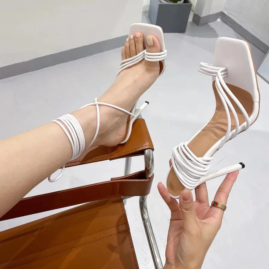 LBSFY  -  New Summer Women Sandals Thin Heels Ankle Strappy Square Toe  Stiletto Ladies Narrow Band Flip-Flop Sandals Party Shoes Size 41