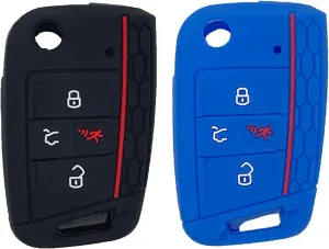 LemSa 2pcs Silicone 4 Button Flip Key Fob Cover Remote Keyless Entry Bag Compatible with 2020 2019 2018 2017 VW Volkswagen Golf Alltrack Sportwagen GTI Tiguan Atlas Polo Skoda Octavia, Black Blue