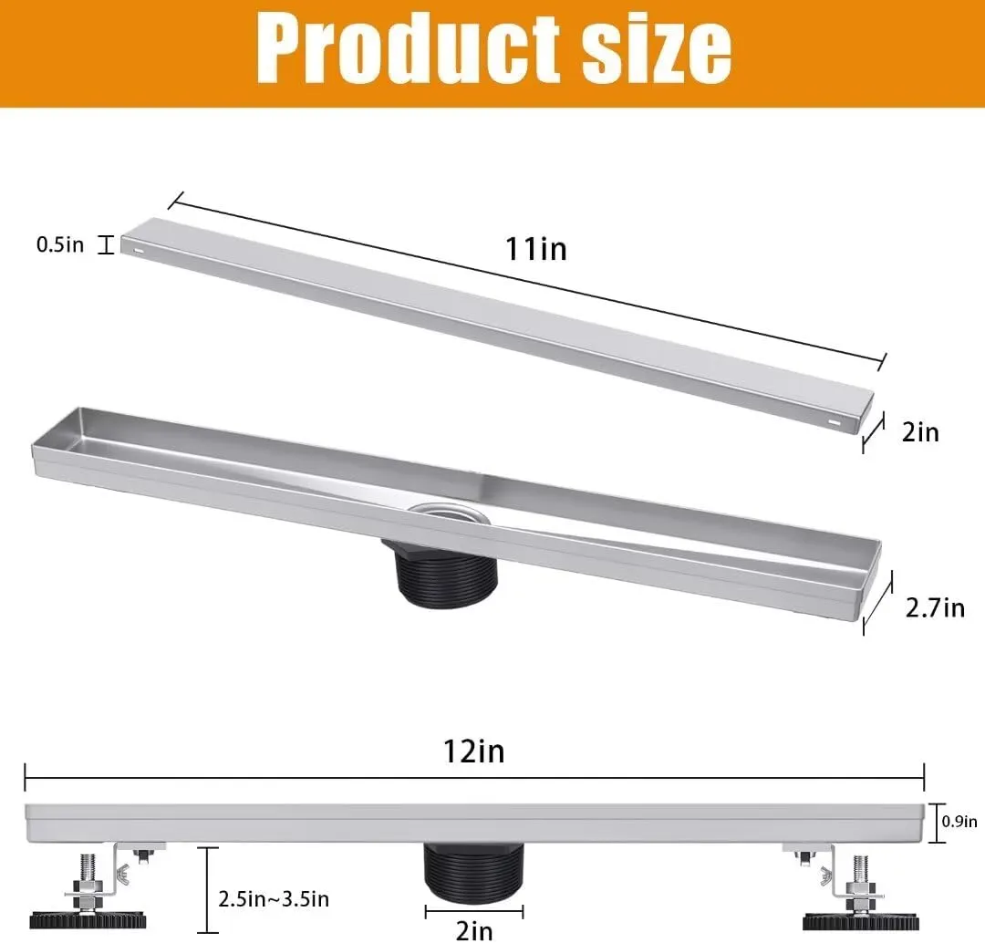 Linear-Shower-Drain, Silver-Floor-Drain 12 Inch 304 Stainless Steel Bathroom Drains Kit, Invisible Rectangular Drain with Filter Bag, Adjustable Leveling Feet.