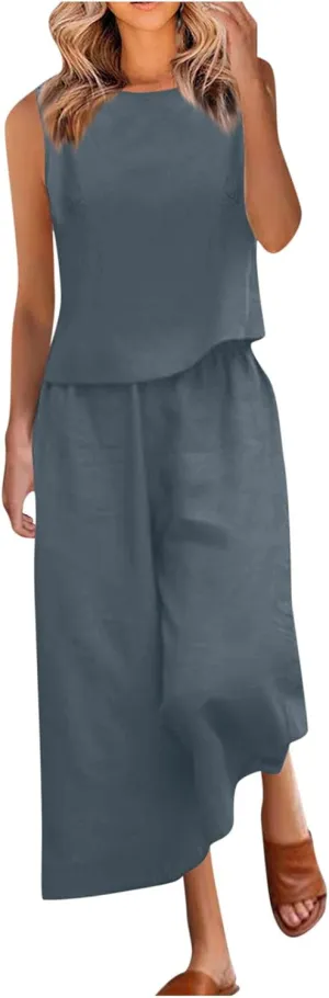 Linen Tops And Wide Leg Capri Pants Set For Women Plus Size Summer Vacation Outfits 2 Piece Matching Lounge Sets