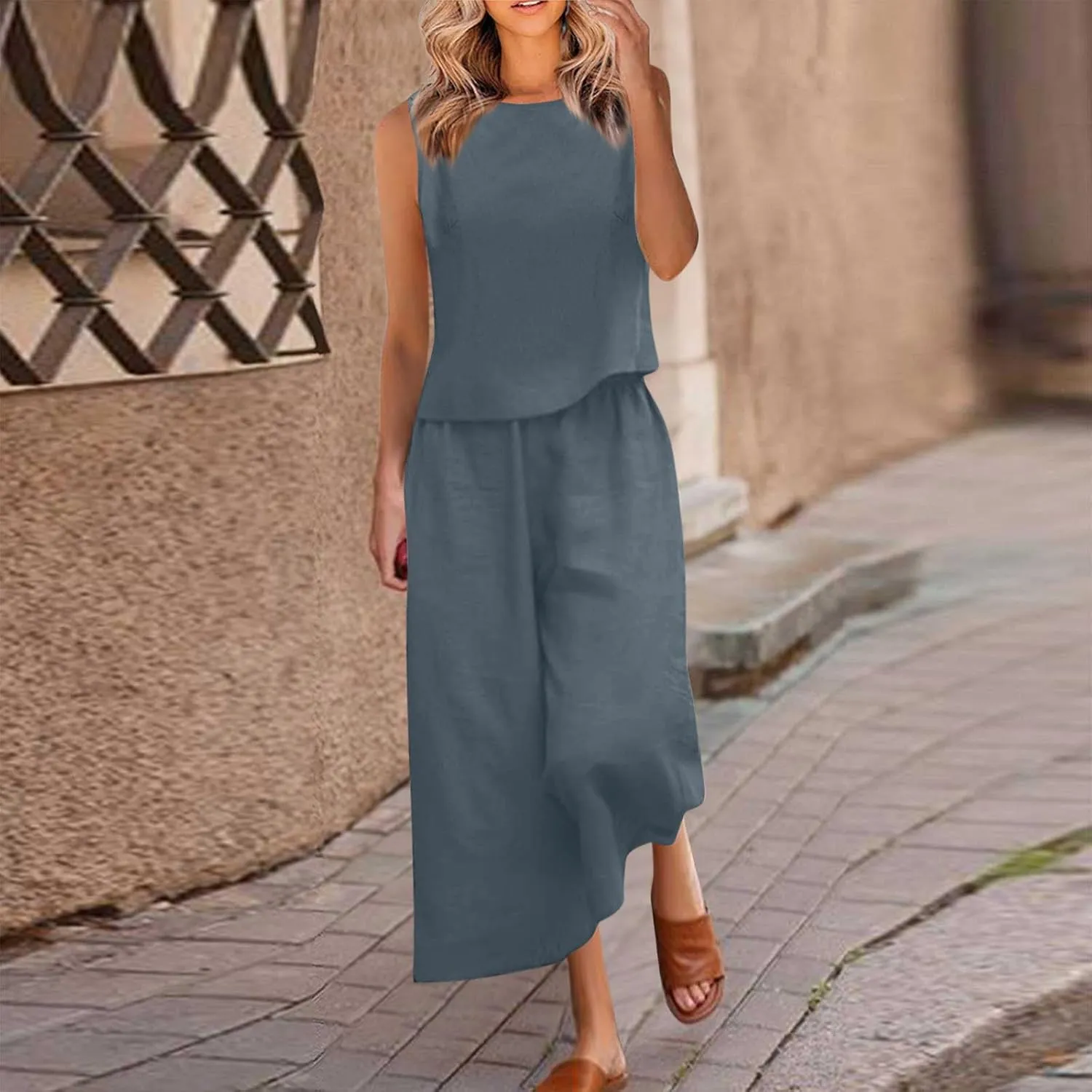 Linen Tops And Wide Leg Capri Pants Set For Women Plus Size Summer Vacation Outfits 2 Piece Matching Lounge Sets