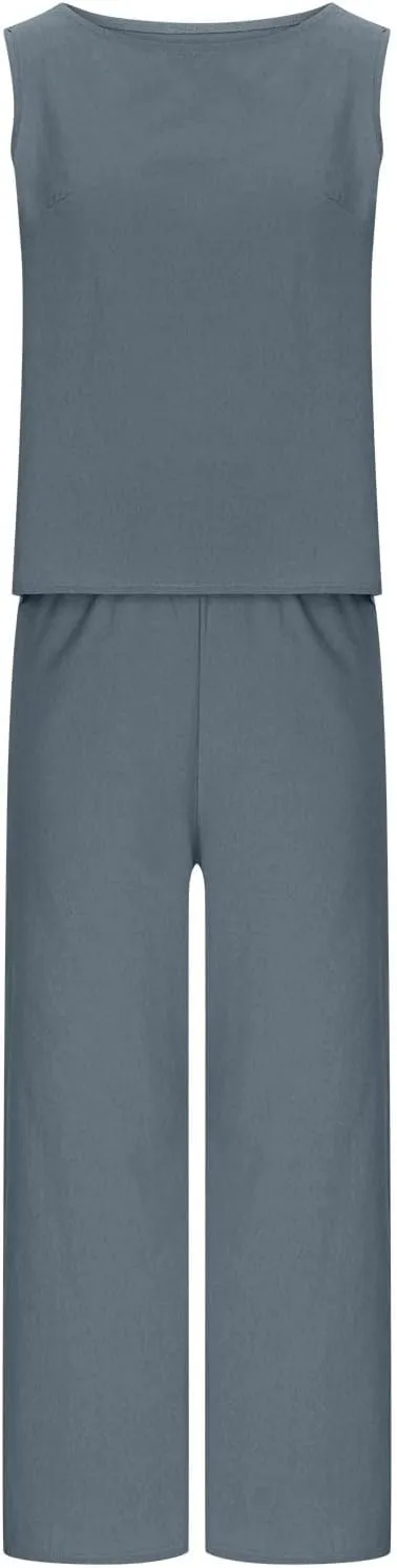 Linen Tops And Wide Leg Capri Pants Set For Women Plus Size Summer Vacation Outfits 2 Piece Matching Lounge Sets