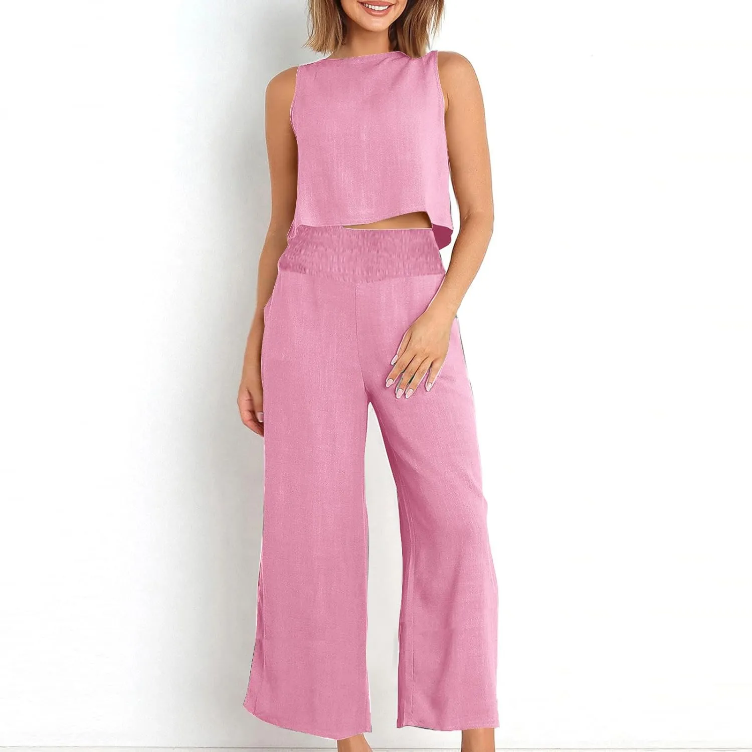 Linen Two Piece Sets For Women Summer 2024 Casual Sleeveless Crop Top & High Waist Wide Leg Matching Lounge Set Outfits
