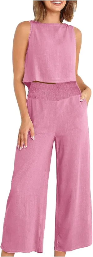 Linen Two Piece Sets For Women Summer 2024 Casual Sleeveless Crop Top & High Waist Wide Leg Matching Lounge Set Outfits