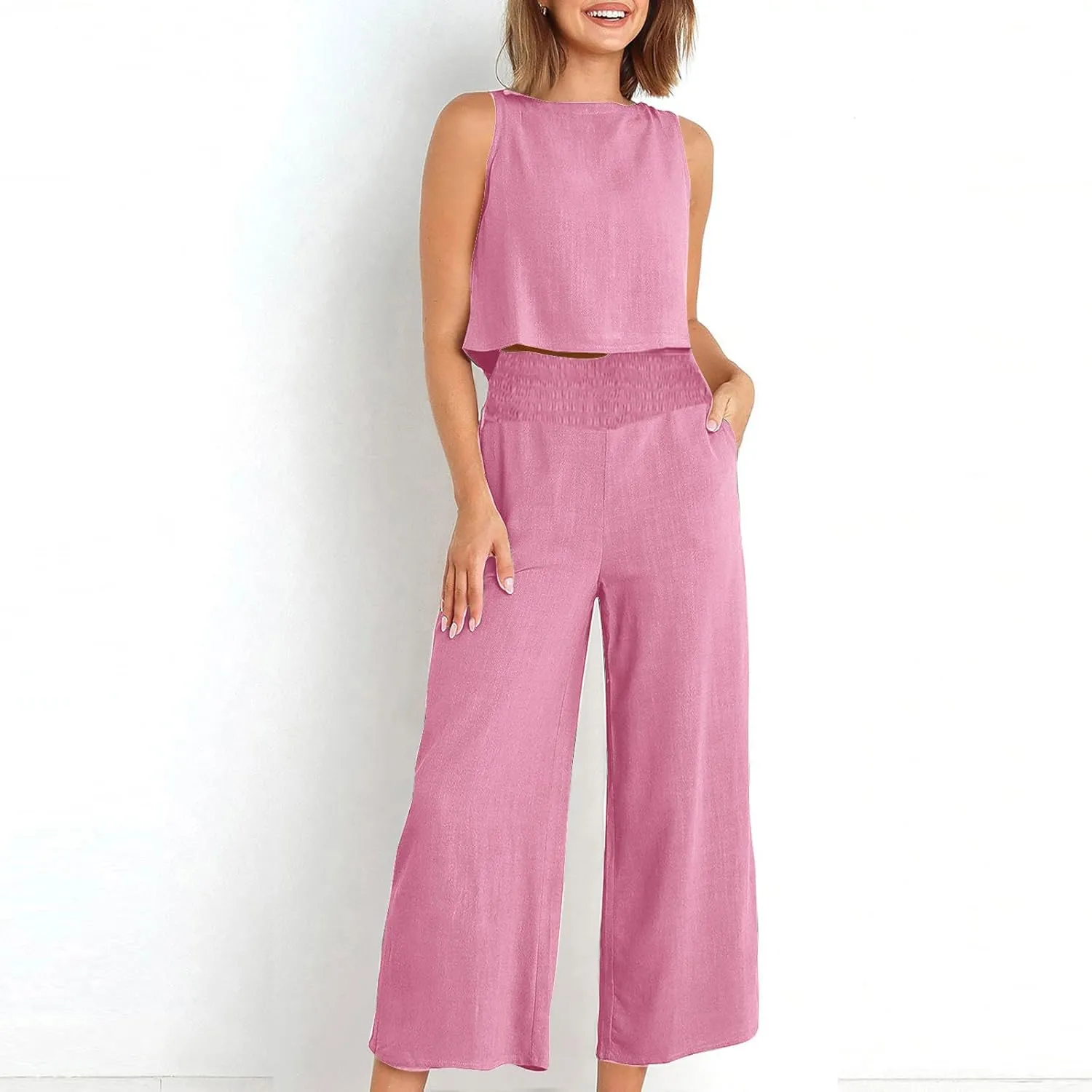 Linen Two Piece Sets For Women Summer 2024 Casual Sleeveless Crop Top & High Waist Wide Leg Matching Lounge Set Outfits