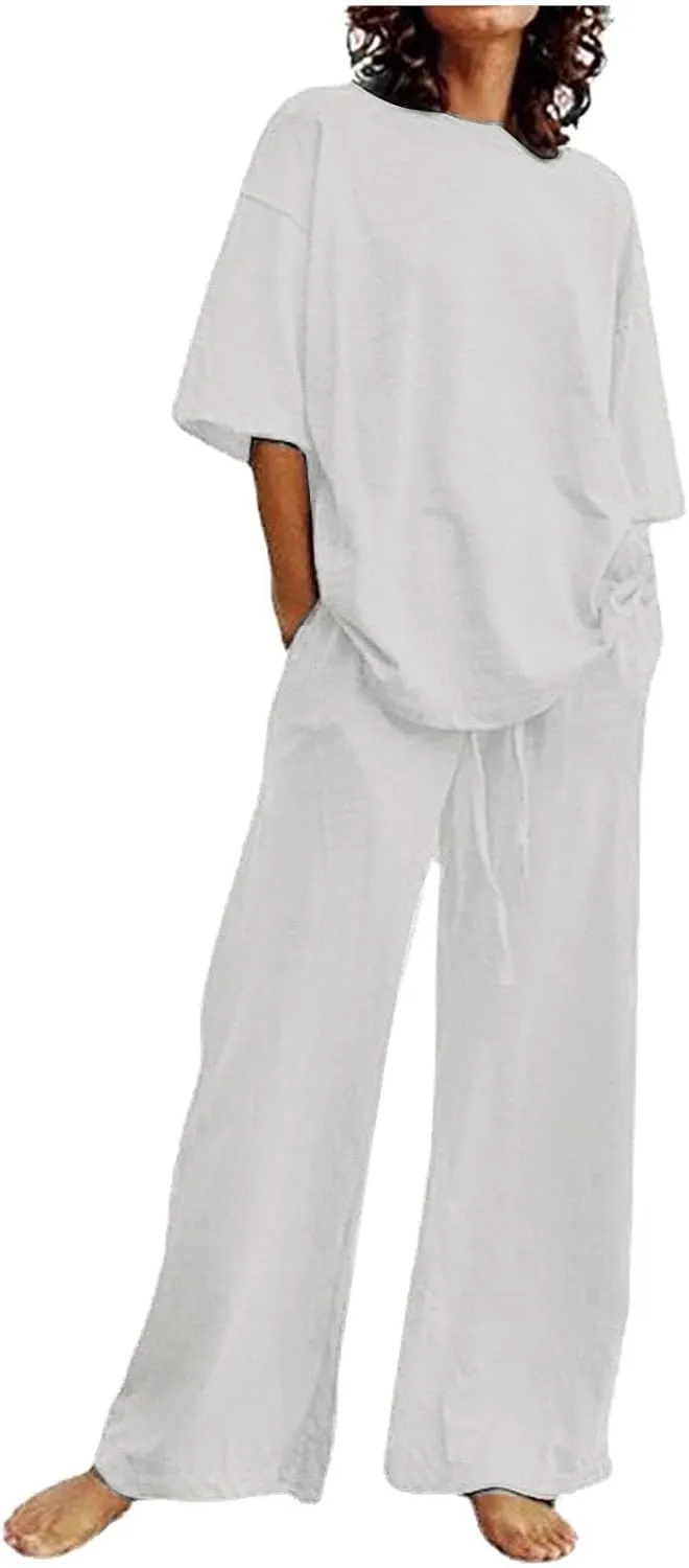 Linen Two Piece Sets For Women Summer 2024 Plus Size Tops And Wide Leg Pants Matching Set Beach Vacation Outfits