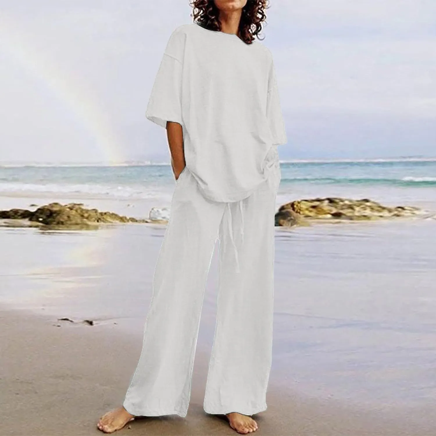 Linen Two Piece Sets For Women Summer 2024 Plus Size Tops And Wide Leg Pants Matching Set Beach Vacation Outfits