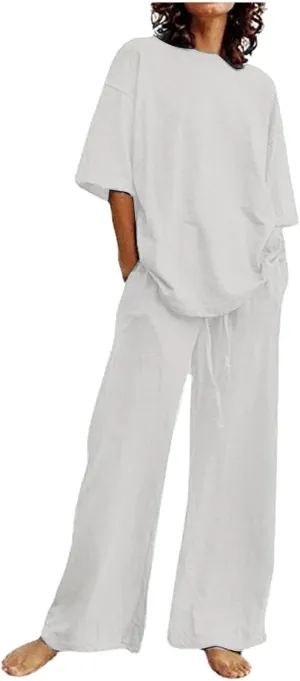 Linen Two Piece Sets For Women Summer 2024 Plus Size Tops And Wide Leg Pants Matching Set Beach Vacation Outfits