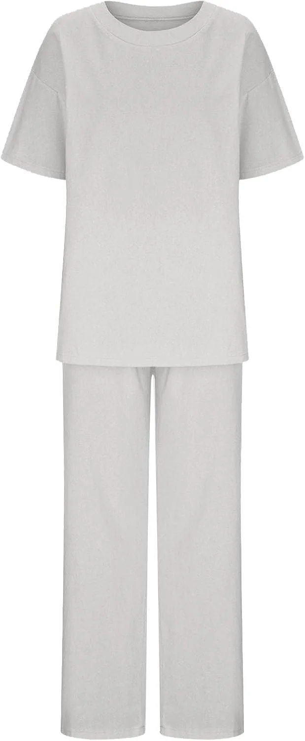 Linen Two Piece Sets For Women Summer 2024 Plus Size Tops And Wide Leg Pants Matching Set Beach Vacation Outfits