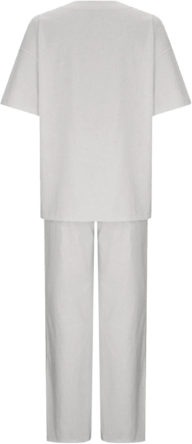 Linen Two Piece Sets For Women Summer 2024 Plus Size Tops And Wide Leg Pants Matching Set Beach Vacation Outfits