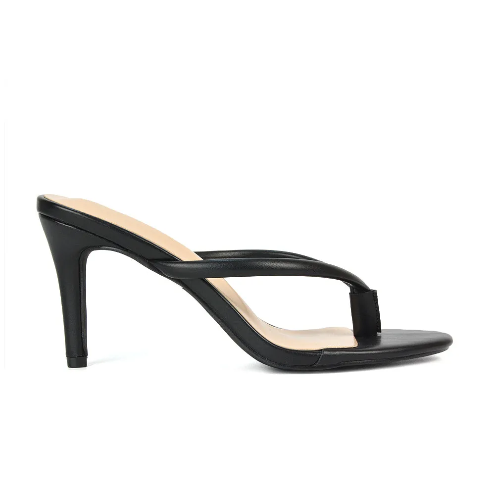 Lisa Stiletto High Heel Slip On Flip Flop Heeled Sandal Mules in Black Synthetic Leather