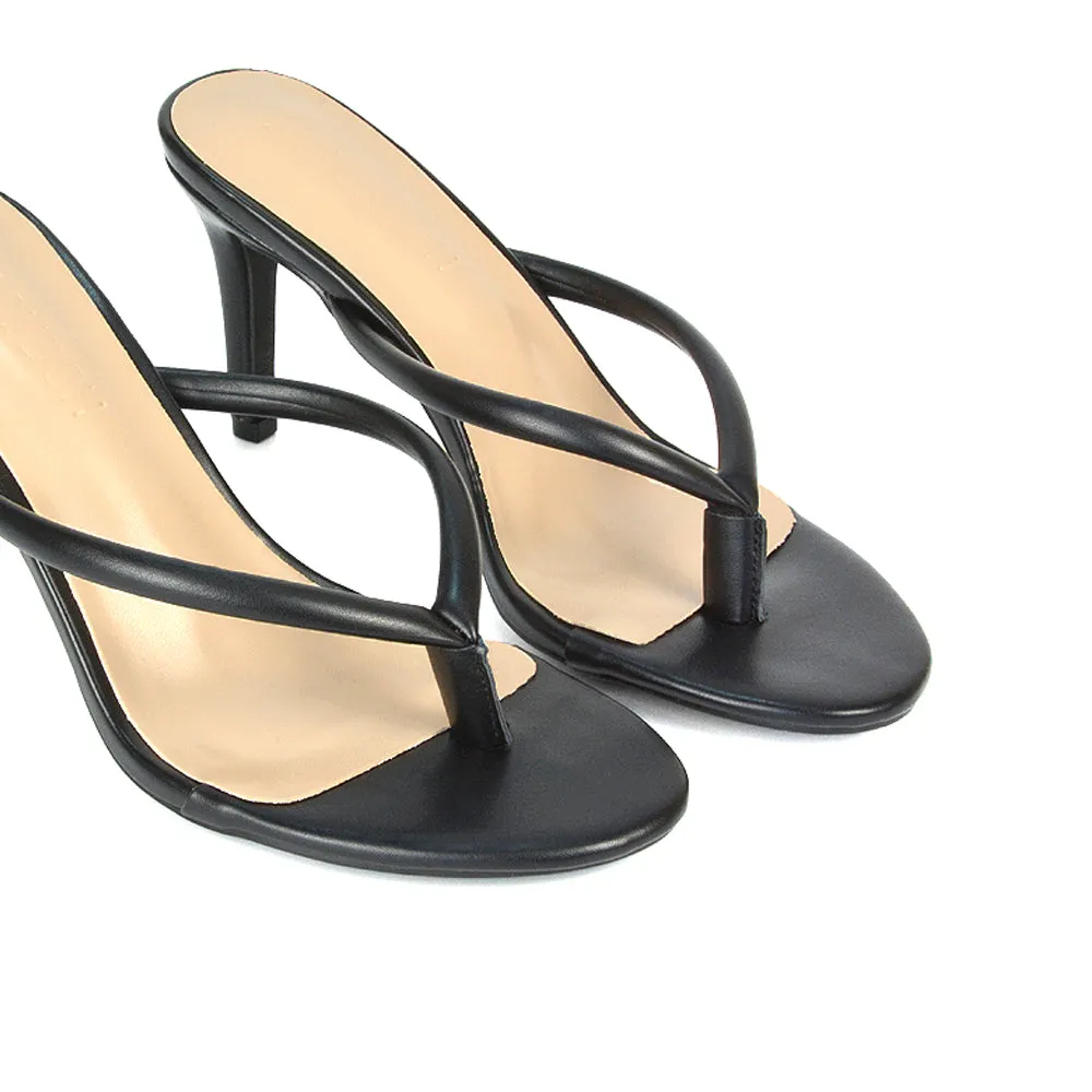 Lisa Stiletto High Heel Slip On Flip Flop Heeled Sandal Mules in Black Synthetic Leather