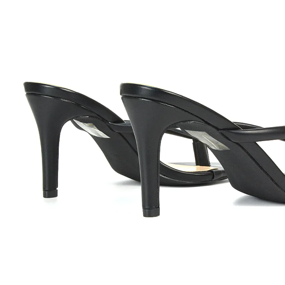 Lisa Stiletto High Heel Slip On Flip Flop Heeled Sandal Mules in Black Synthetic Leather