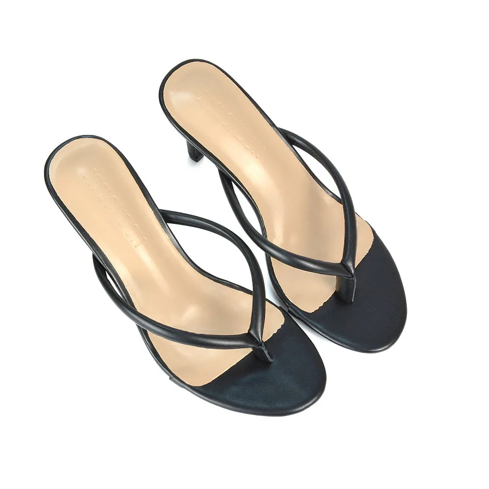 Lisa Stiletto High Heel Slip On Flip Flop Heeled Sandal Mules in Black Synthetic Leather