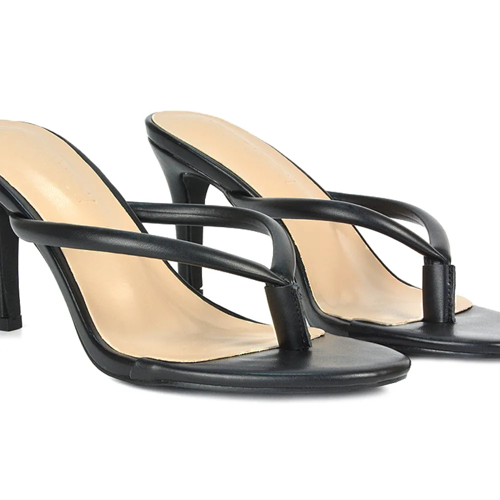 Lisa Stiletto High Heel Slip On Flip Flop Heeled Sandal Mules in Black Synthetic Leather