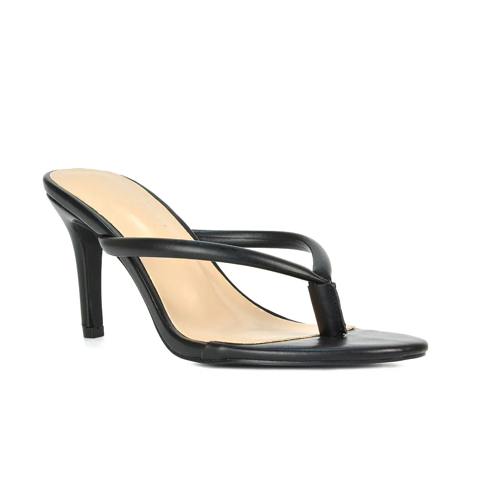 Lisa Stiletto High Heel Slip On Flip Flop Heeled Sandal Mules in Black Synthetic Leather