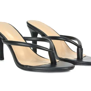 Lisa Stiletto High Heel Slip On Flip Flop Heeled Sandal Mules in Black Synthetic Leather