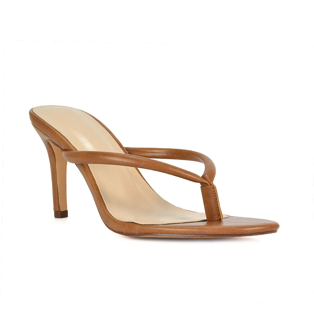 Lisa Stiletto High Heel Slip On Flip Flop Heeled Sandal Mules in Brown Synthetic Leather