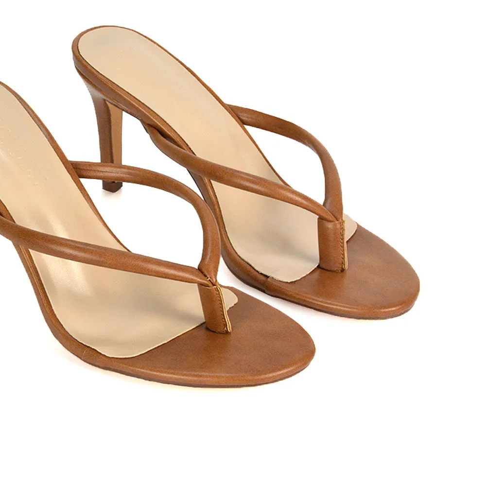 Lisa Stiletto High Heel Slip On Flip Flop Heeled Sandal Mules in Brown Synthetic Leather
