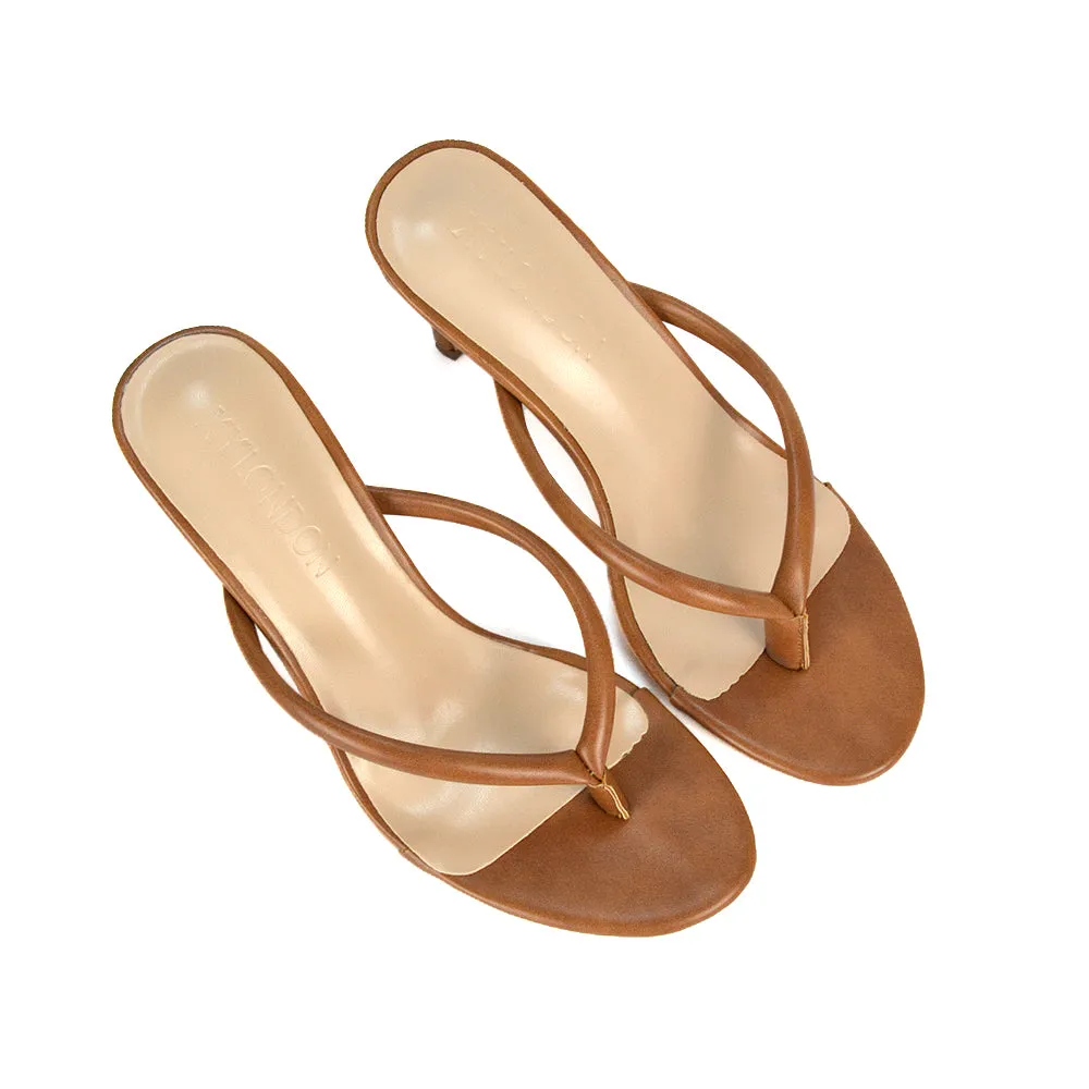Lisa Stiletto High Heel Slip On Flip Flop Heeled Sandal Mules in Brown Synthetic Leather