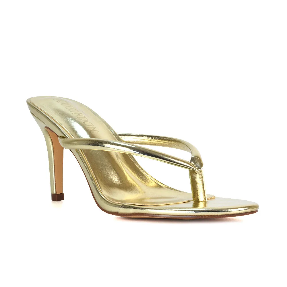 Lisa Stiletto High Heel Slip On Flip Flop Heeled Sandal Mules in Brown Synthetic Leather