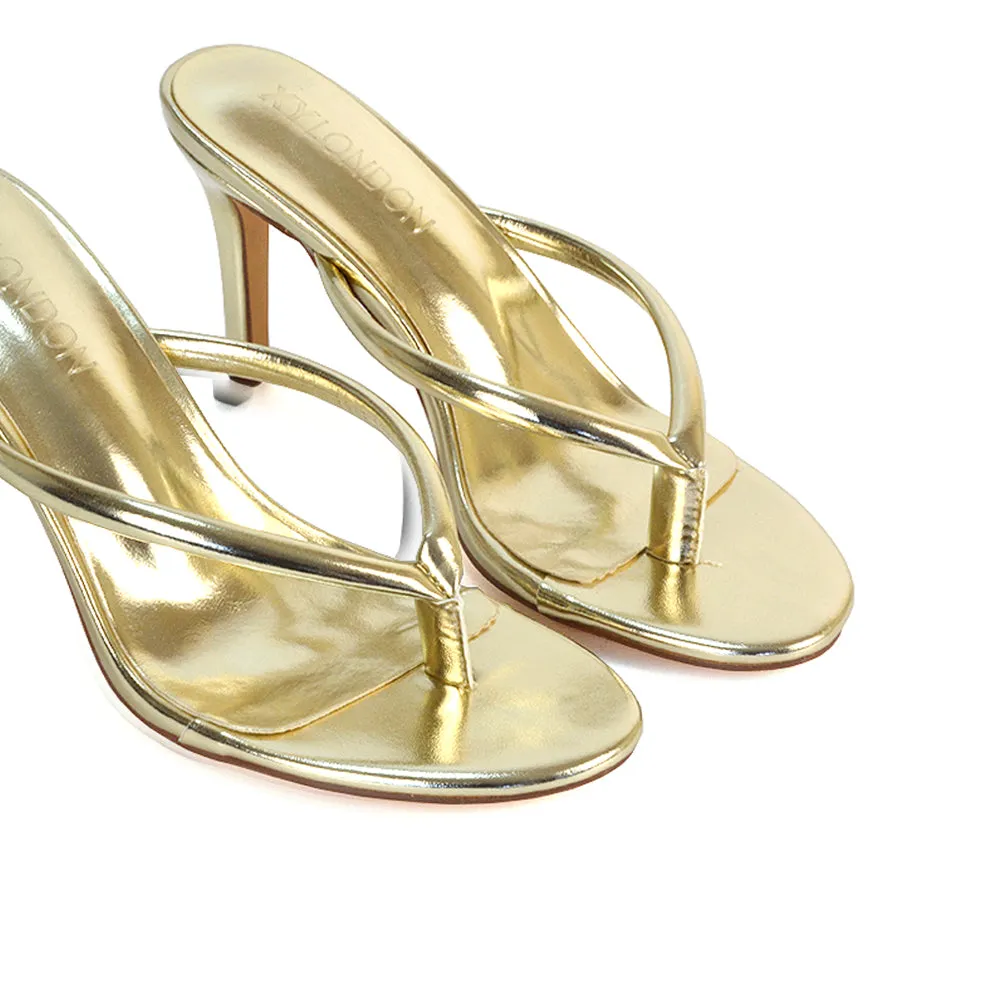 Lisa Stiletto High Heel Slip On Flip Flop Heeled Sandal Mules in Brown Synthetic Leather