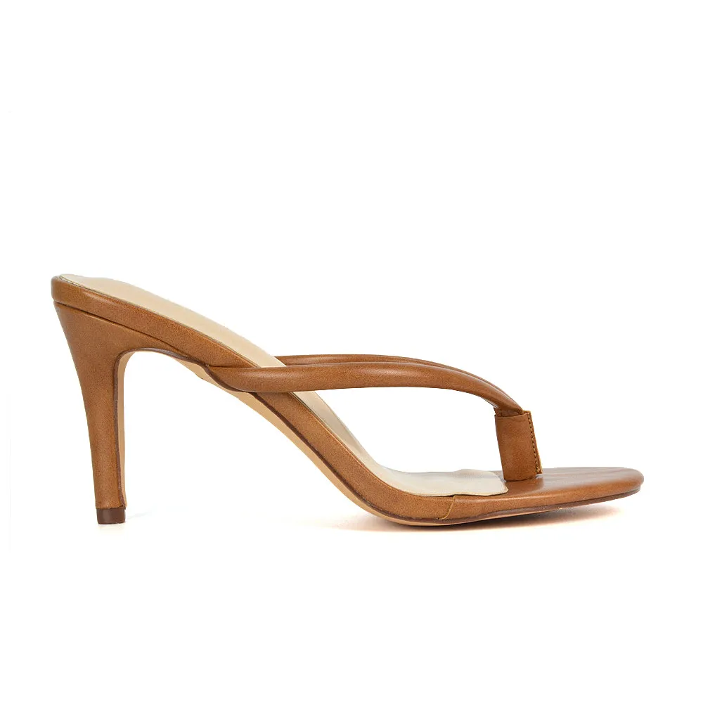 Lisa Stiletto High Heel Slip On Flip Flop Heeled Sandal Mules in Brown Synthetic Leather