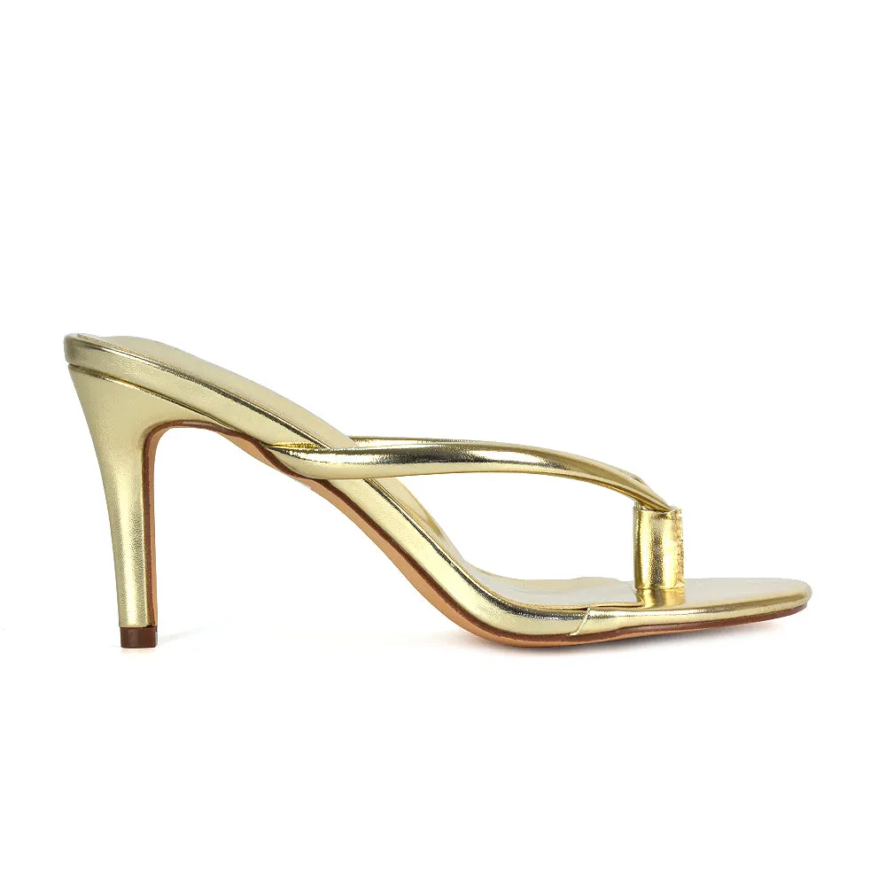 Lisa Stiletto High Heel Slip On Flip Flop Heeled Sandal Mules in Gold Metallic