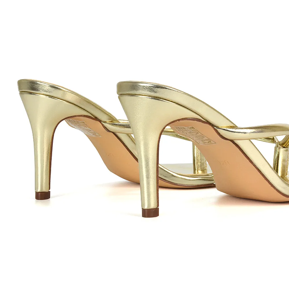 Lisa Stiletto High Heel Slip On Flip Flop Heeled Sandal Mules in Gold Metallic