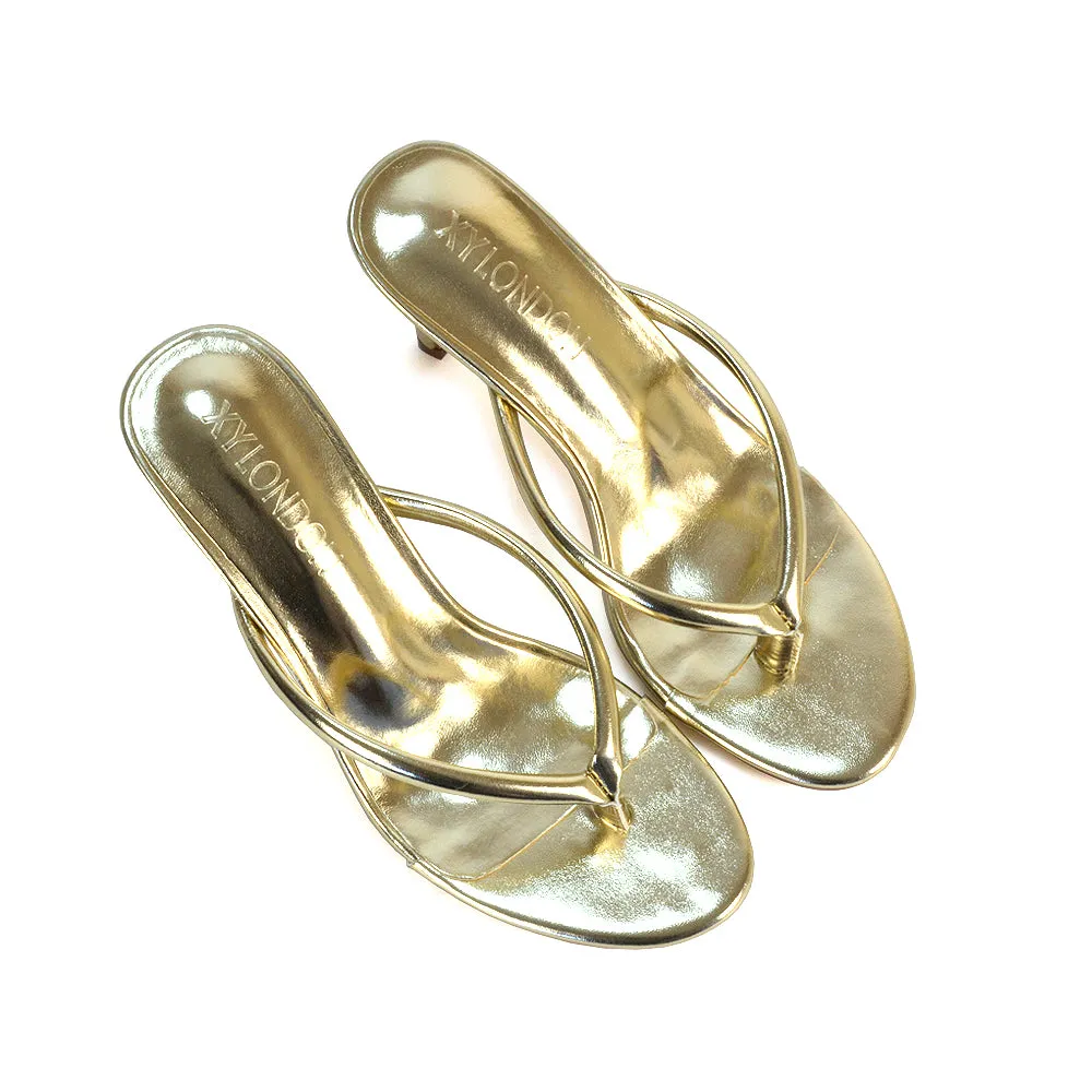 Lisa Stiletto High Heel Slip On Flip Flop Heeled Sandal Mules in Gold Metallic