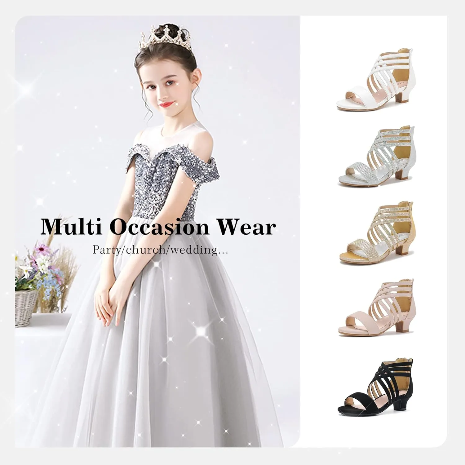 Little Girls Sandals High Heels Formal Shoes Open Toe Pump Sandals Glitter Party Wedding Shoes for Big Kids Toddler