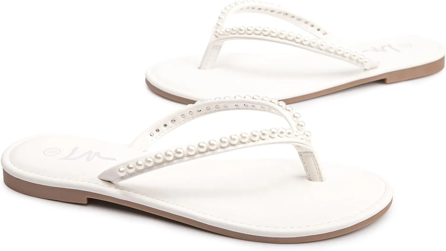 LM Women's Pearls Strappy Flat Sandals Thong Sandals Flip Flop Slip On Slide Sandals for Women Dressy Summer
